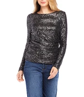 Karen Kane Sequin Side Shirred Scoop Neck Long Sleeve Top