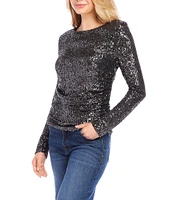 Karen Kane Sequin Side Shirred Scoop Neck Long Sleeve Top