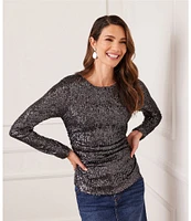 Karen Kane Sequin Side Shirred Scoop Neck Long Sleeve Top