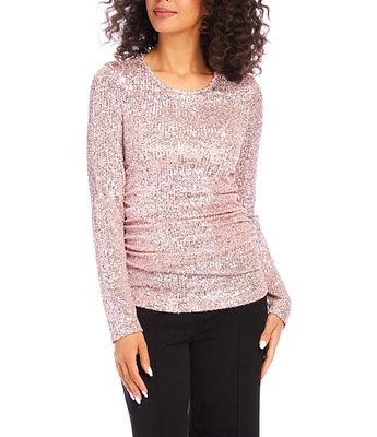 Karen Kane Sequin Side Shirred Scoop Neck Long Sleeve Top