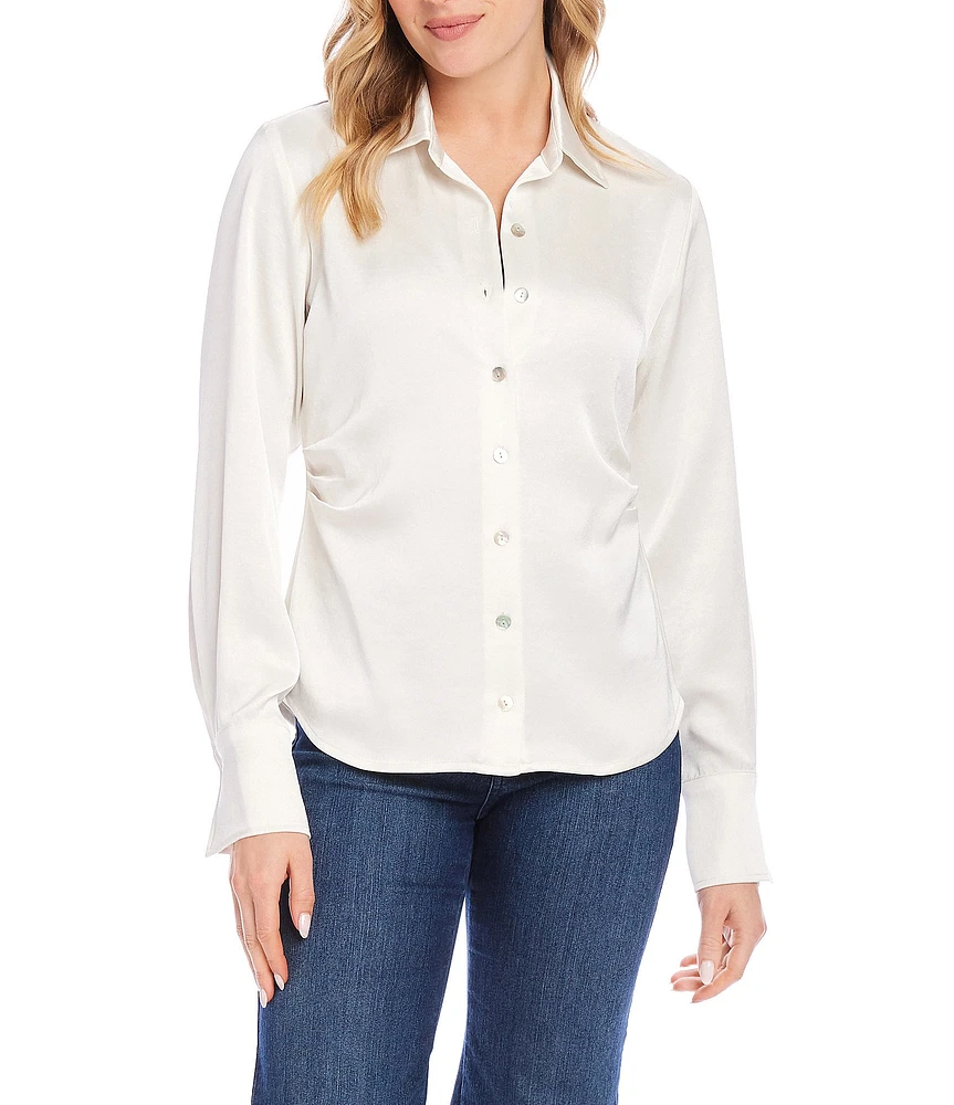 Karen Kane Side Pleat Collared Long Sleeve Button Up Shirt