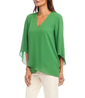 Karen Kane Silky Crepe V-Neck 3/4 Flare Sleeve Asymmetric Crossover Hem Top