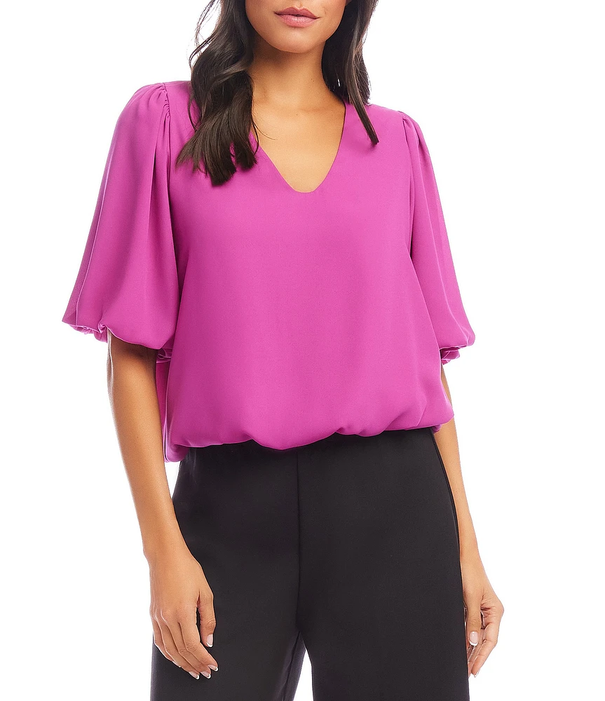 Karen Kane Silky Crepe V-Neck Short Puff Sleeve Top