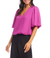 Karen Kane Silky Crepe V-Neck Short Puff Sleeve Top