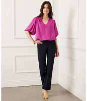 Karen Kane Silky Crepe V-Neck Short Puff Sleeve Top