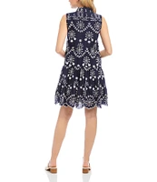 Karen Kane Sleeveless Eyelet Split Neckline Scalloped Hemline A-Line Dress