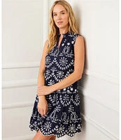Karen Kane Sleeveless Eyelet Split Neckline Scalloped Hemline A-Line Dress