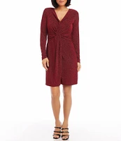 Karen Kane Soft Metallic Knit Surplice V-Neck Long Sleeve Front Twist Stretch Sheath Dress