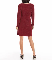 Karen Kane Soft Metallic Knit Surplice V-Neck Long Sleeve Front Twist Stretch Sheath Dress