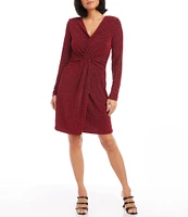 Karen Kane Soft Metallic Knit Surplice V-Neck Long Sleeve Front Twist Stretch Sheath Dress