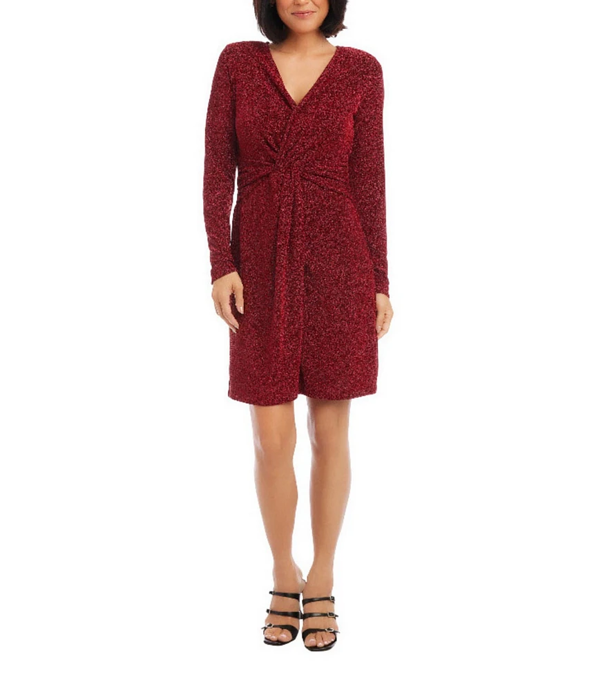 Karen Kane Soft Metallic Knit Surplice V-Neck Long Sleeve Front Twist Stretch Sheath Dress