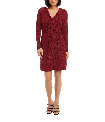 Karen Kane Soft Metallic Knit Surplice V-Neck Long Sleeve Front Twist Stretch Sheath Dress