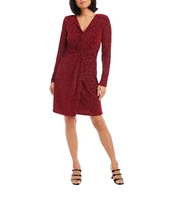 Karen Kane Soft Metallic Knit Surplice V-Neck Long Sleeve Front Twist Stretch Sheath Dress