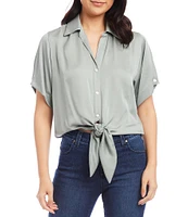 Karen Kane Soft Satin Point Collar Short Sleeve Tie Front Top