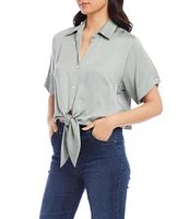 Karen Kane Soft Satin Point Collar Short Sleeve Tie Front Top