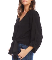 Karen Kane Solid Sand Wash Twill V-Neck Blouson Sleeves Top