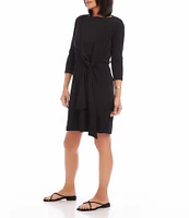 Karen Kane Solid Travel Jersey Boat Neck 3/4 Sleeves Tie Waist Dress