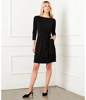 Karen Kane Solid Travel Jersey Boat Neck 3/4 Sleeves Tie Waist Dress