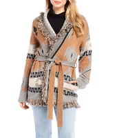 Karen Kane Southwestern Print Fringe Open Front Long Sleeve Cardigan