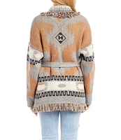 Karen Kane Southwestern Print Fringe Open Front Long Sleeve Cardigan