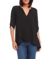 Karen Kane Split Neck 3/4 Sleeve Asymmetrical Hem Wrap Top