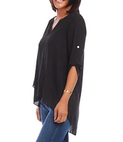 Karen Kane Split Neck 3/4 Sleeve Asymmetrical Hem Wrap Top