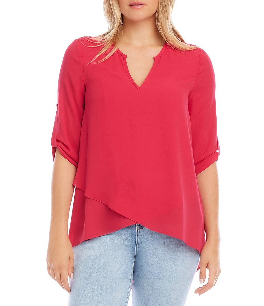 Karen Kane Split Neck 3/4 Sleeve Asymmetrical Hem Wrap Top