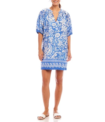 Karen Kane Split V-Neck Short Sleeve Floral Paisley Print Dress