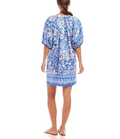 Karen Kane Split V-Neck Short Sleeve Floral Paisley Print Dress