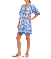 Karen Kane Split V-Neck Short Sleeve Floral Paisley Print Dress