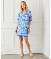 Karen Kane Split V-Neck Short Sleeve Floral Paisley Print Dress