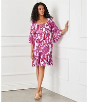 Karen Kane Square Neck 3/4 Sleeve Peony Paisley Print Dress