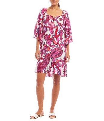 Karen Kane Square Neck 3/4 Sleeve Peony Paisley Print Dress