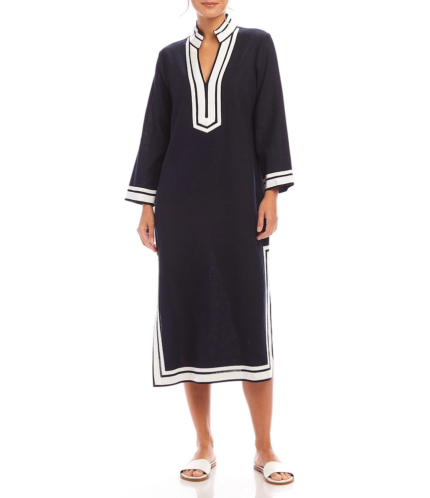 Karen Kane St. Tropez Mandarin Collar Split V-Neck 3/4 Sleeve Midi Dress