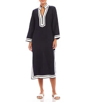 Karen Kane St. Tropez Mandarin Collar Split V-Neck 3/4 Sleeve Midi Dress