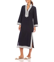Karen Kane St. Tropez Mandarin Collar Split V-Neck 3/4 Sleeve Midi Dress