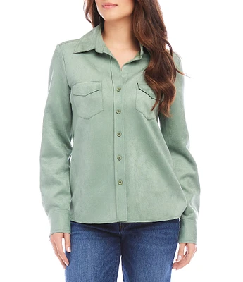 Karen Kane Stretch Faux Suede Collared Neckline Long Sleeve Button Front Shirt