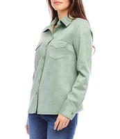 Karen Kane Stretch Faux Suede Collared Neckline Long Sleeve Button Front Shirt