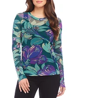 Karen Kane Stretch Floral Crew Neck Long Sleeve Mesh Top