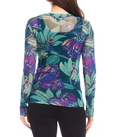 Karen Kane Stretch Floral Crew Neck Long Sleeve Mesh Top