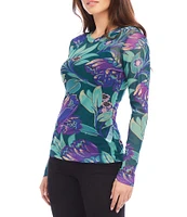 Karen Kane Stretch Floral Crew Neck Long Sleeve Mesh Top