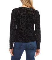 Karen Kane Stretch Knit Velvet Burnout Crew Neckline Long Sleeve Top