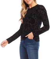 Karen Kane Stretch Knit Velvet Burnout Crew Neckline Long Sleeve Top