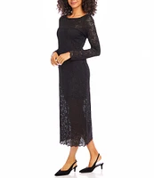 Karen Kane Stretch Lace Boat Neck Long Sleeve Midi Dress