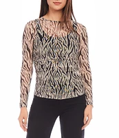 Karen Kane Stretch Mesh Zebra Knit Crew Neck Long Sleeve Top