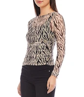 Karen Kane Stretch Mesh Zebra Knit Crew Neck Long Sleeve Top