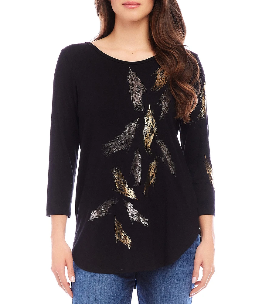 Karen Kane Stretch Metallic Foil Print Crew Neck 3/4 Sleeve Top