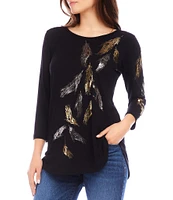 Karen Kane Stretch Metallic Foil Print Crew Neck 3/4 Sleeve Top