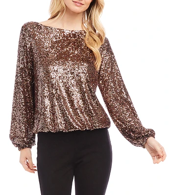 Karen Kane Stretch Sequin Boat Neckline Long Bishop Sleeve Top