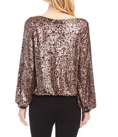 Karen Kane Stretch Sequin Boat Neckline Long Bishop Sleeve Top